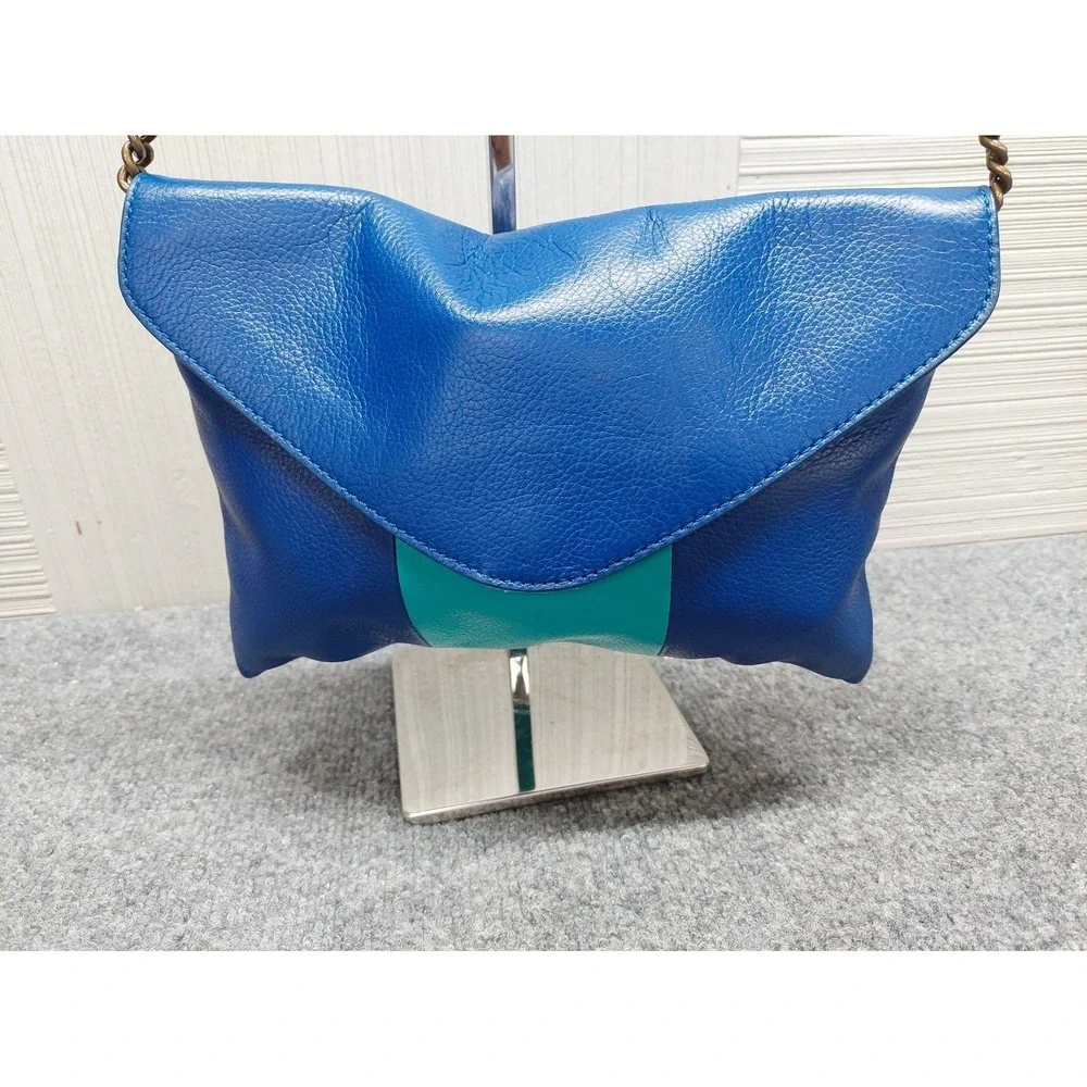 J Crew Women Crossbody Bag Small Blue Green Leather Chain Strap Envelope Flap